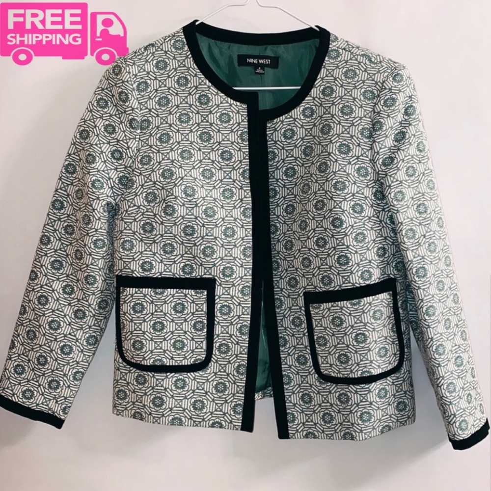 NWOT NINE WEST Green Embroidered Open Blazer